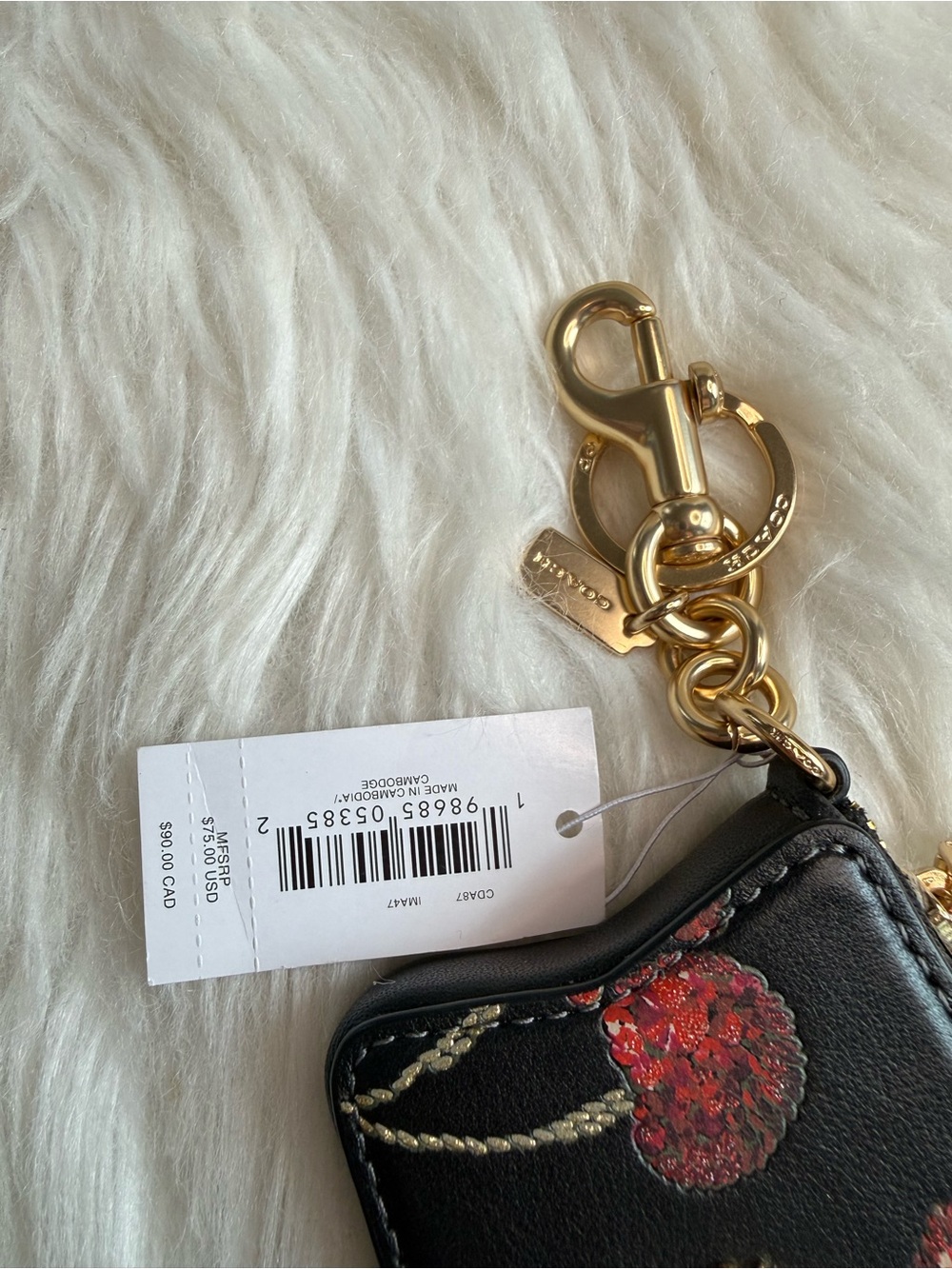 Coach Star Bag Charm with Cherry Print Gold Black Red Multi Leather CDA87 NWT - Picture 2 of 5